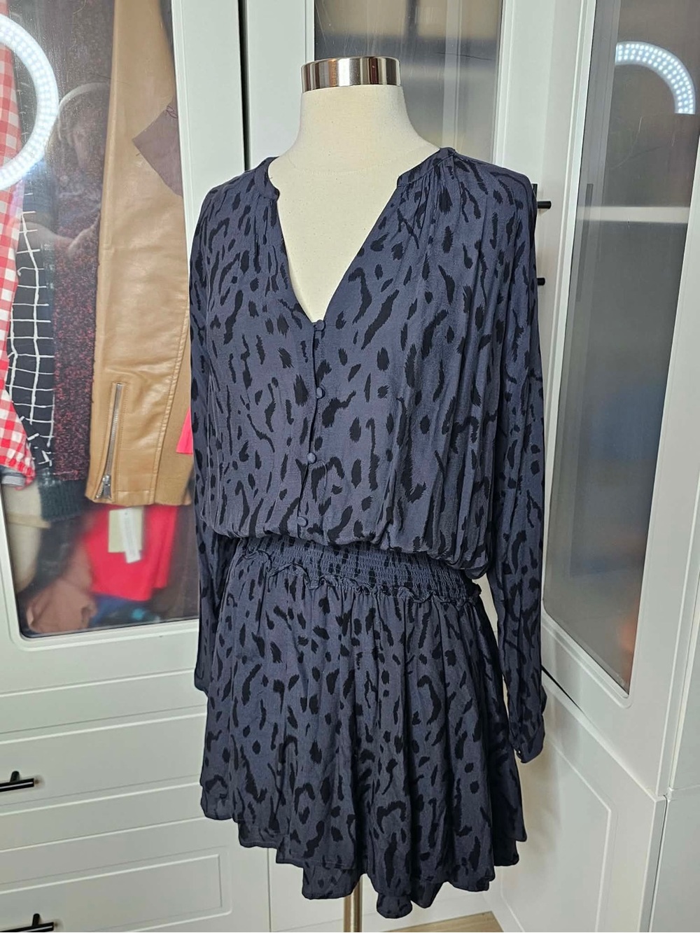 Rails Navy Blue Animal-Print Long Sleeve Smocked Waist Dress